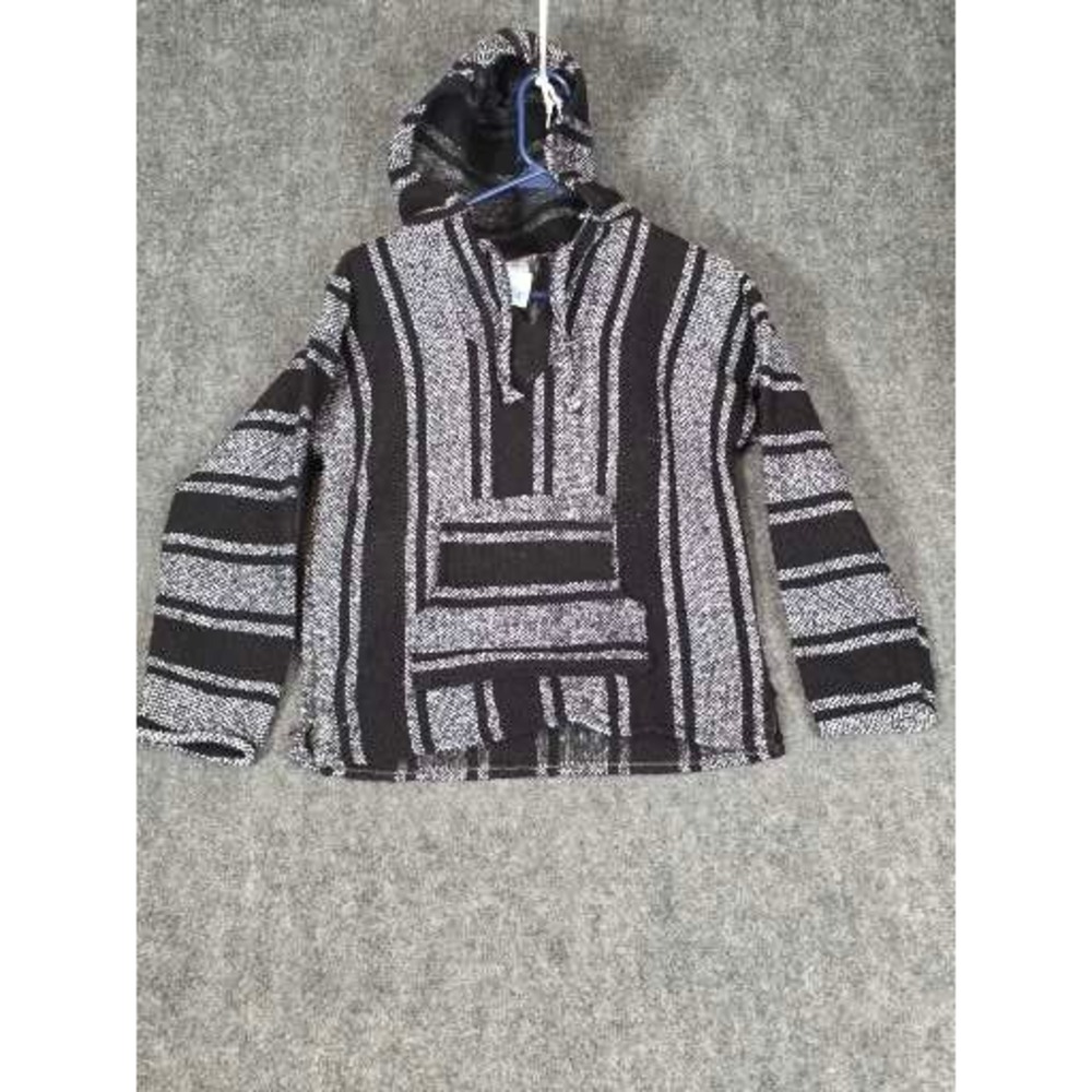 La Malinche Black White Striped Baja Hoodie Mexican Poncho Sm Casual Comfy Beach